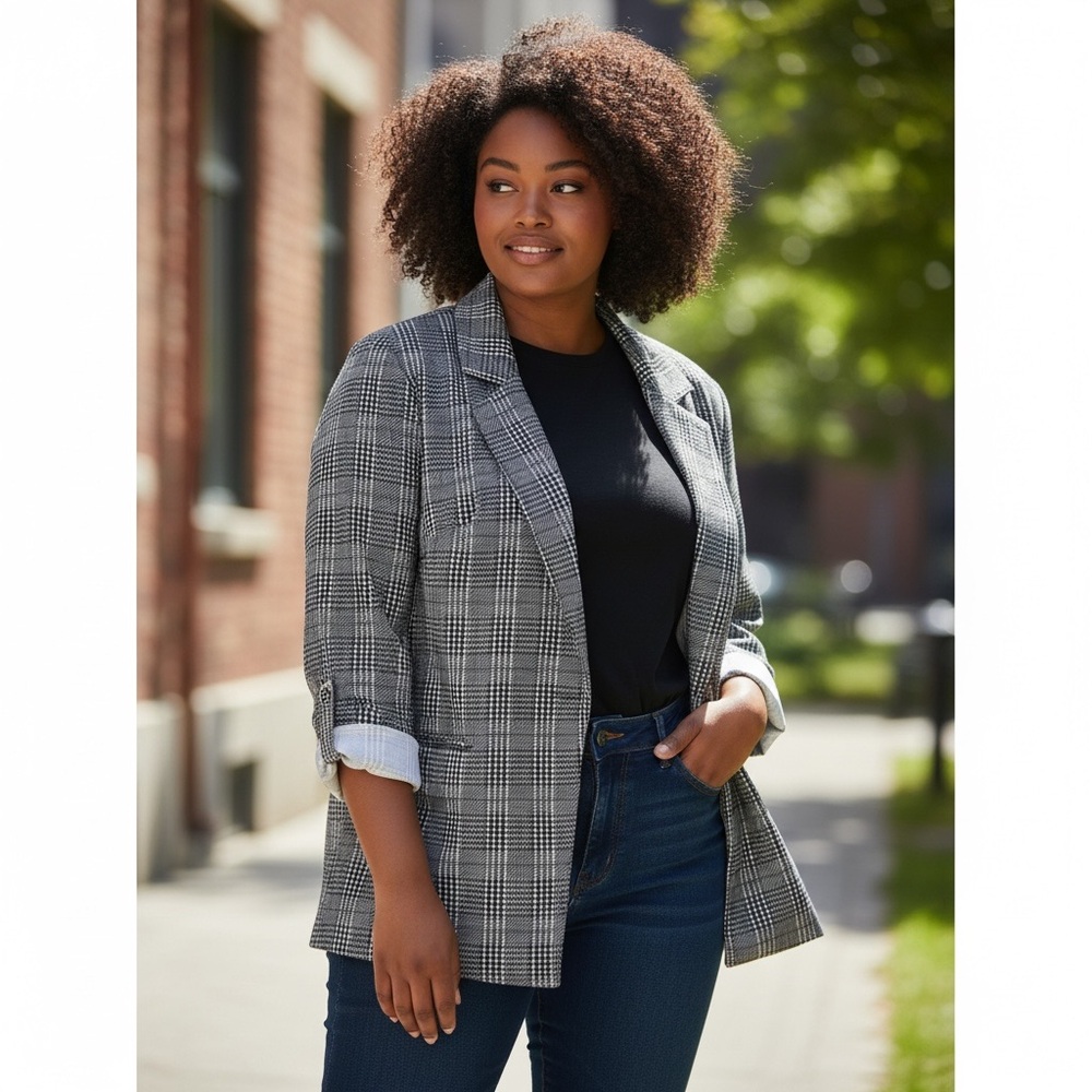 Wearever Plaid‎ Open-Front Blazer